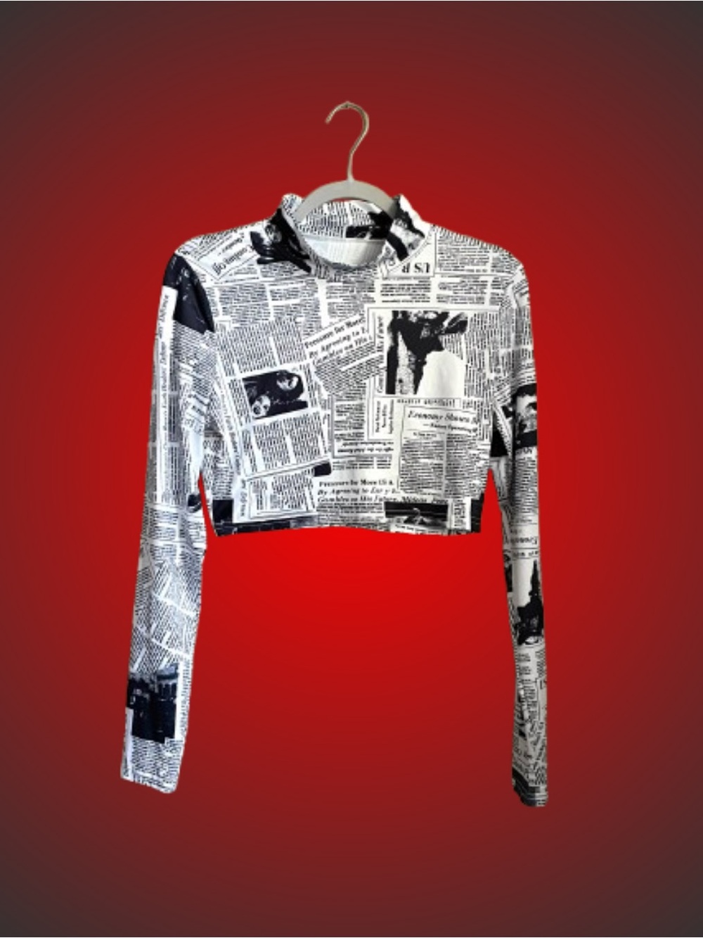 Vintage ‘90s/Y2K newspaper print mock neck longsleeve crop top typos novelty